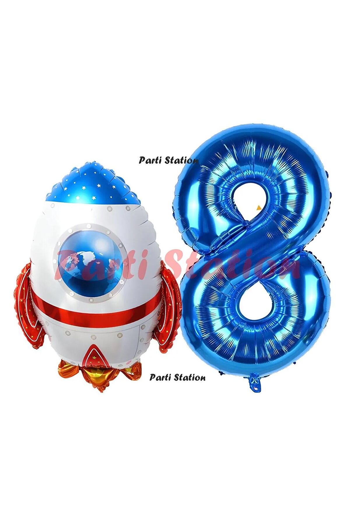 Roket Uzay Astronot Konsept 8 Yaş Balon Set Uzay Roketi ve Lacivert Rakam Balon Doğum Günü Balon Set