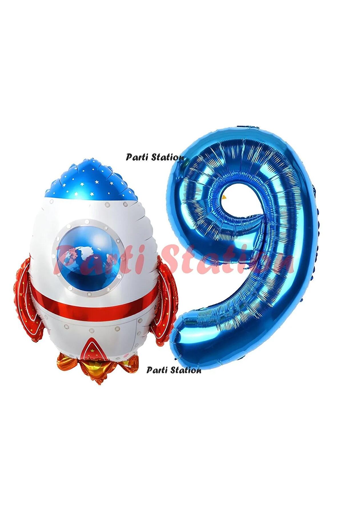 Roket Uzay Astronot Konsept 9 Yaş Balon Set Uzay Roketi ve Lacivert Rakam Balon Doğum Günü Balon Set
