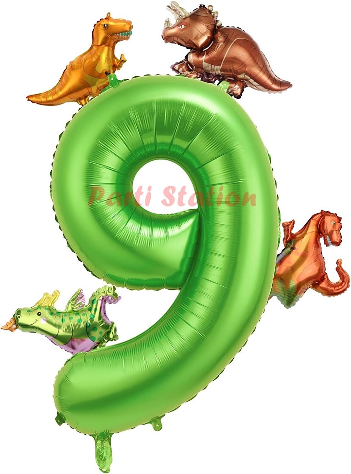 Dinozor Konsept Yeşil Rakam 9 Yaş Balon 100 cm Yeşil Renk Dinazor Yaş Balon Uçan Helyum Sayı Balon