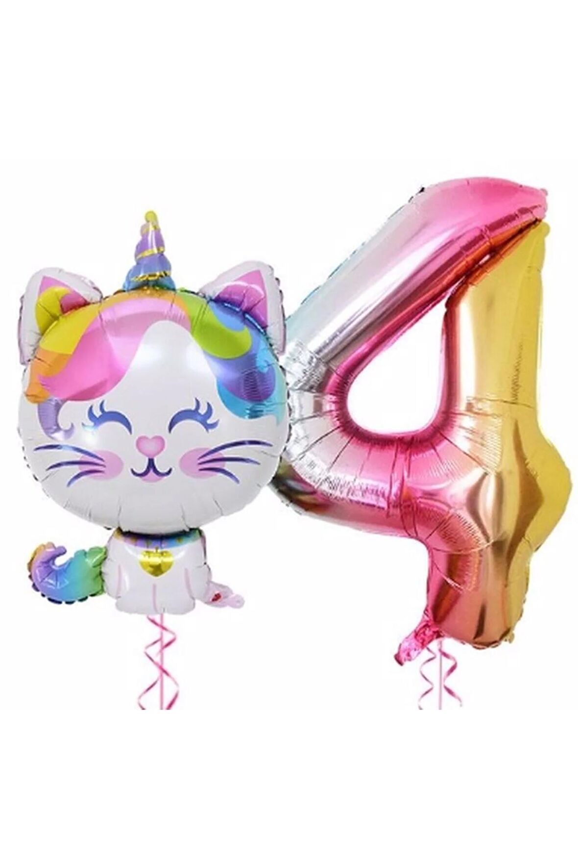 Unicorn Kedi 4 Yaş Balon Set Renkli Sayı Balon Folyo Set Konsept Doğum Günü Set Yaş Balon