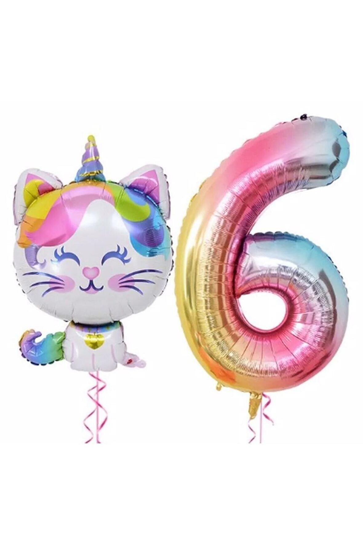 Unicorn Kedi 6 Yaş Balon Set Renkli Sayı Balon Folyo Set Konsept Doğum Günü Set Yaş Balon