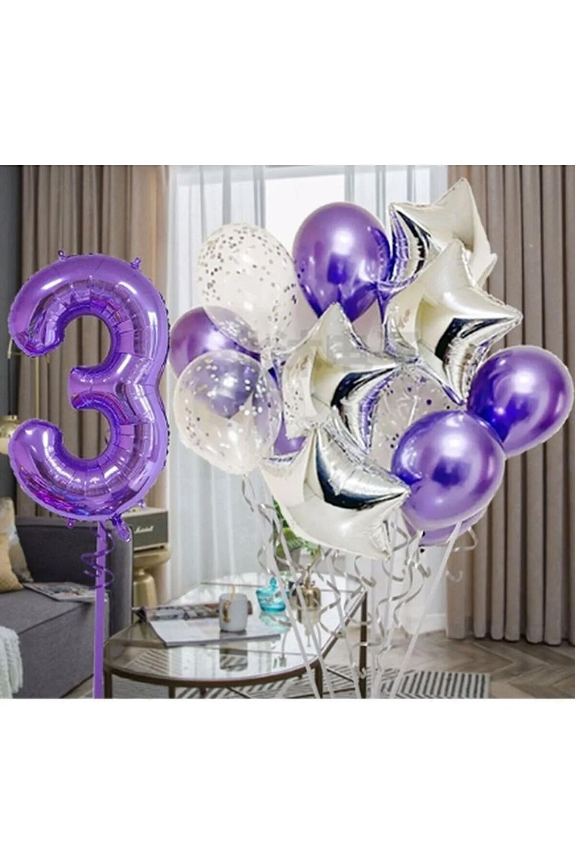 Mor 3 Yaş Balon Seti Mor Renk Rakam Balon Set Doğum Günü Parti Mor Renk Helyum Balon Mor Rakam Balon