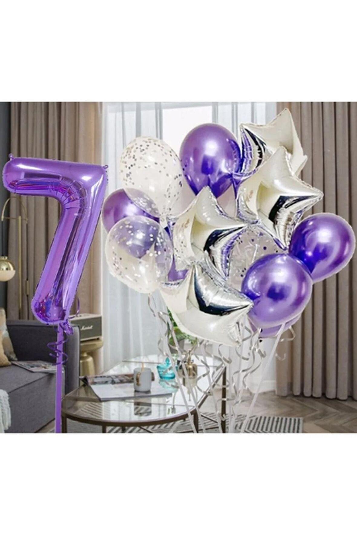 Mor 7 Yaş Balon Seti Mor Renk Rakam Balon Set Doğum Günü Parti Mor Renk Helyum Balon Mor Rakam Balon