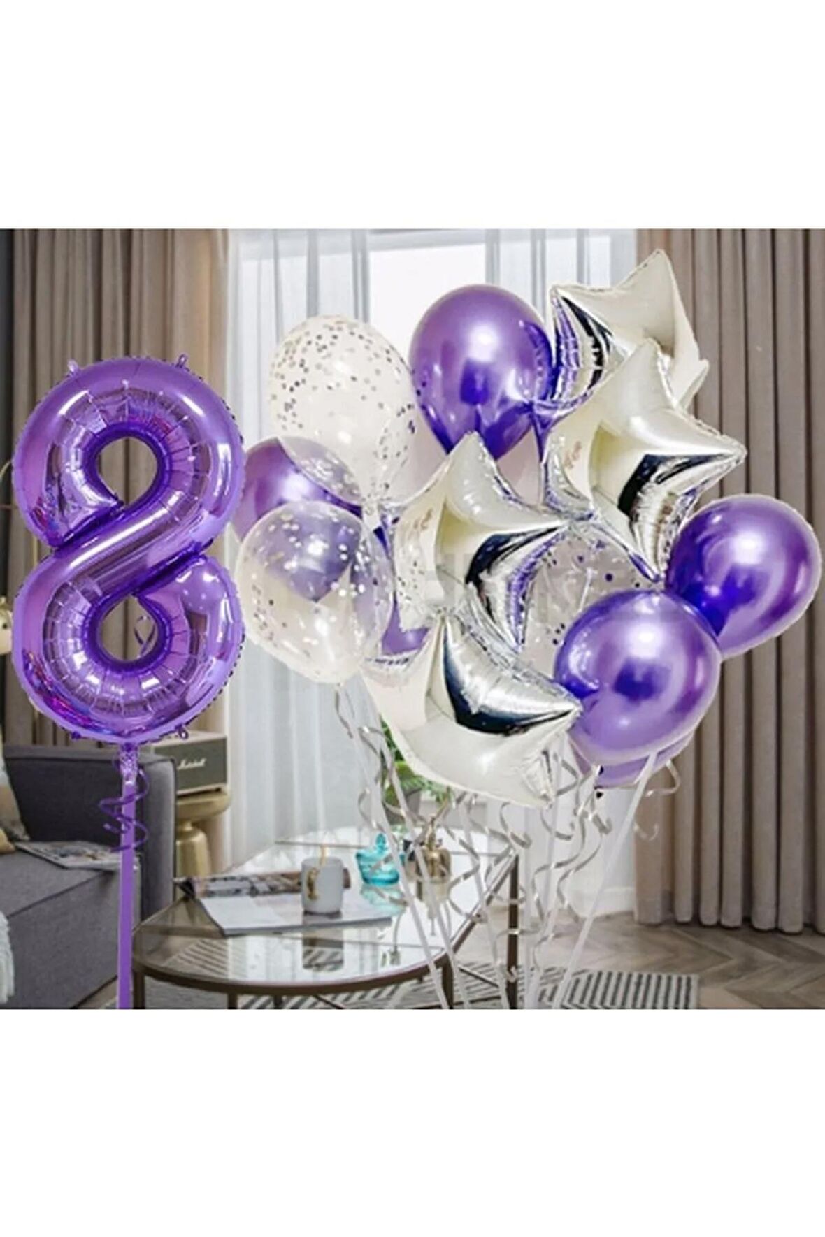 Mor 8 Yaş Balon Seti Mor Renk Rakam Balon Set Doğum Günü Parti Mor Renk Helyum Balon Mor Rakam Balon