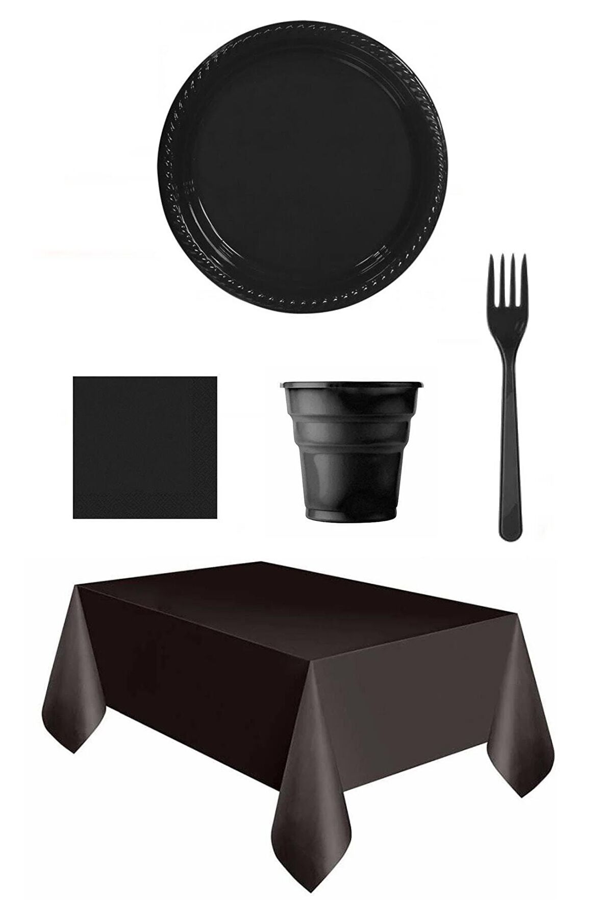 Siyah Desensiz Plastik Tabak Bardak Çatal Peçete Masa Örtü Seti 96 Parça