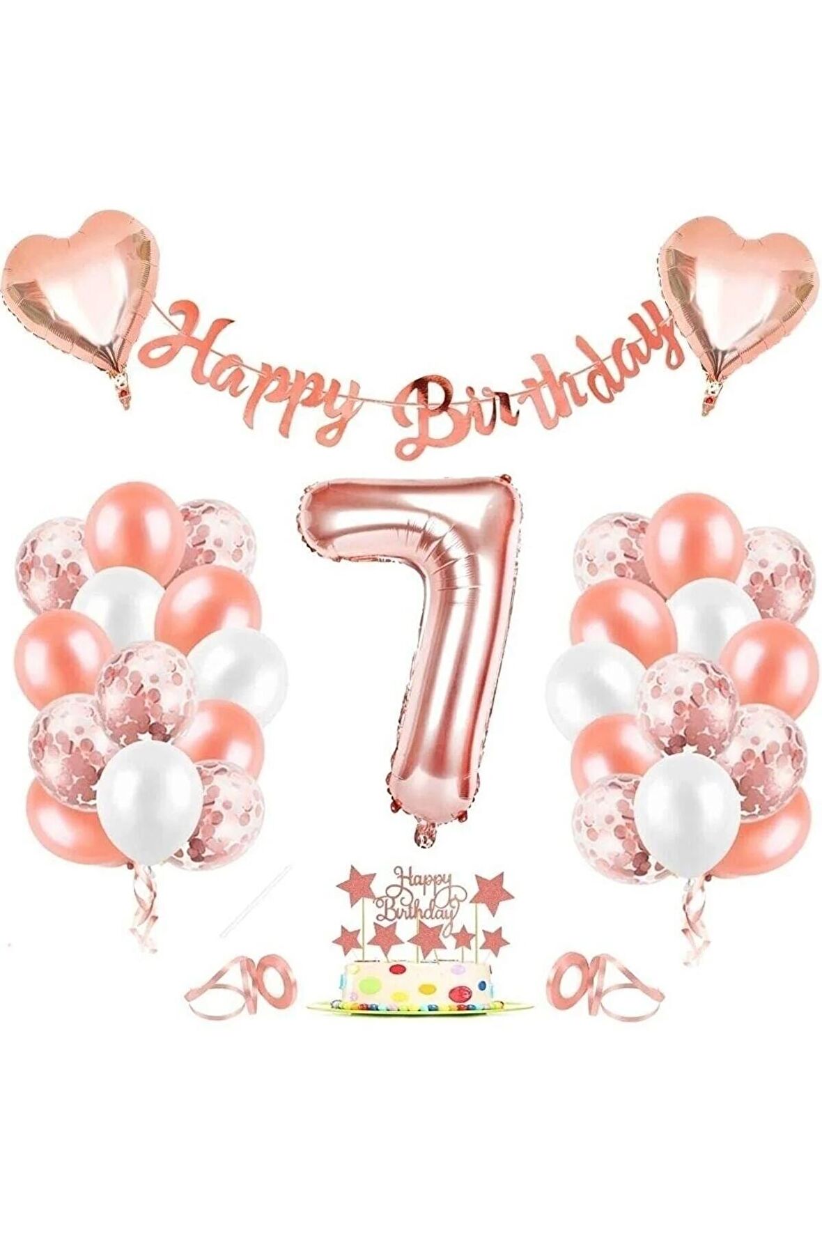 Rose Gold 7 Yaş Folyo Balon Seti Ve Happy Birthday Banner Rose Gold Doğum Günü Balon Parti Seti