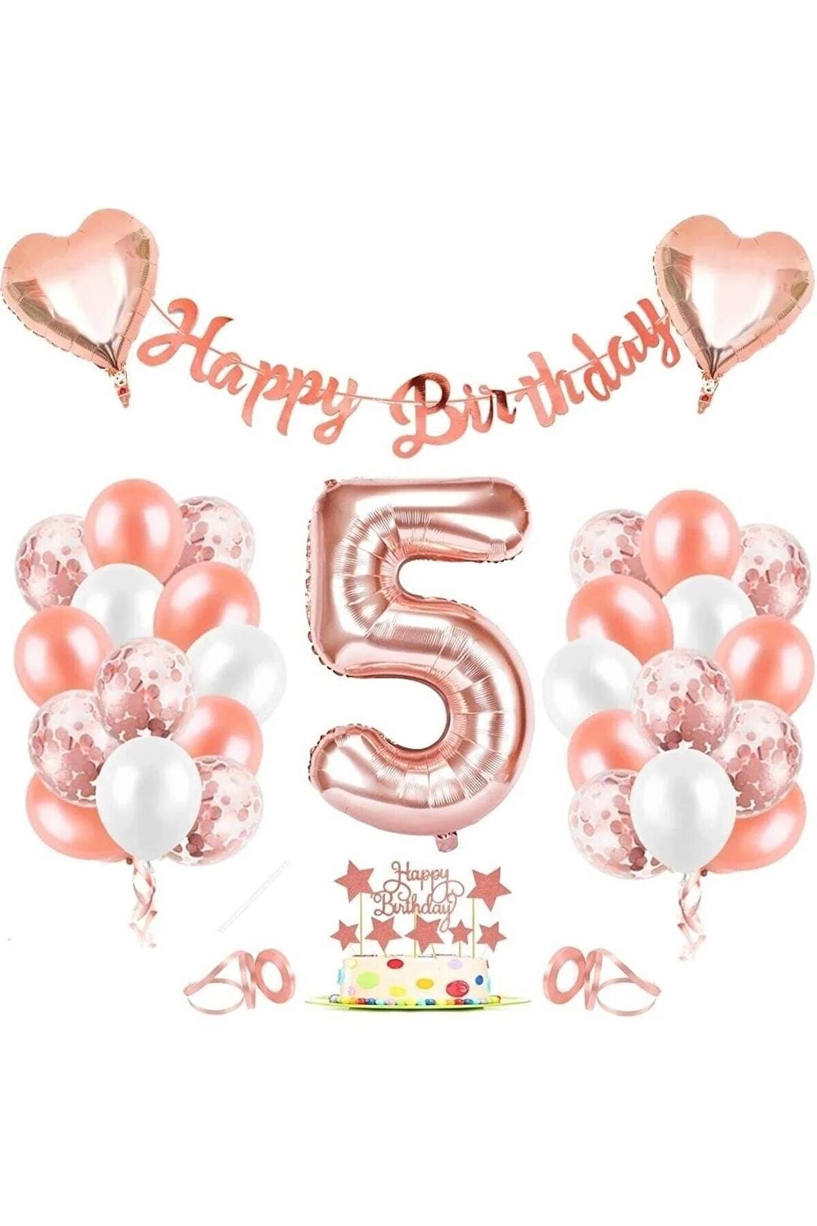 Rose Gold 5 Yaş Folyo Balon Seti Ve Happy Birthday Banner Rosegold Doğum Günü Parti Seti