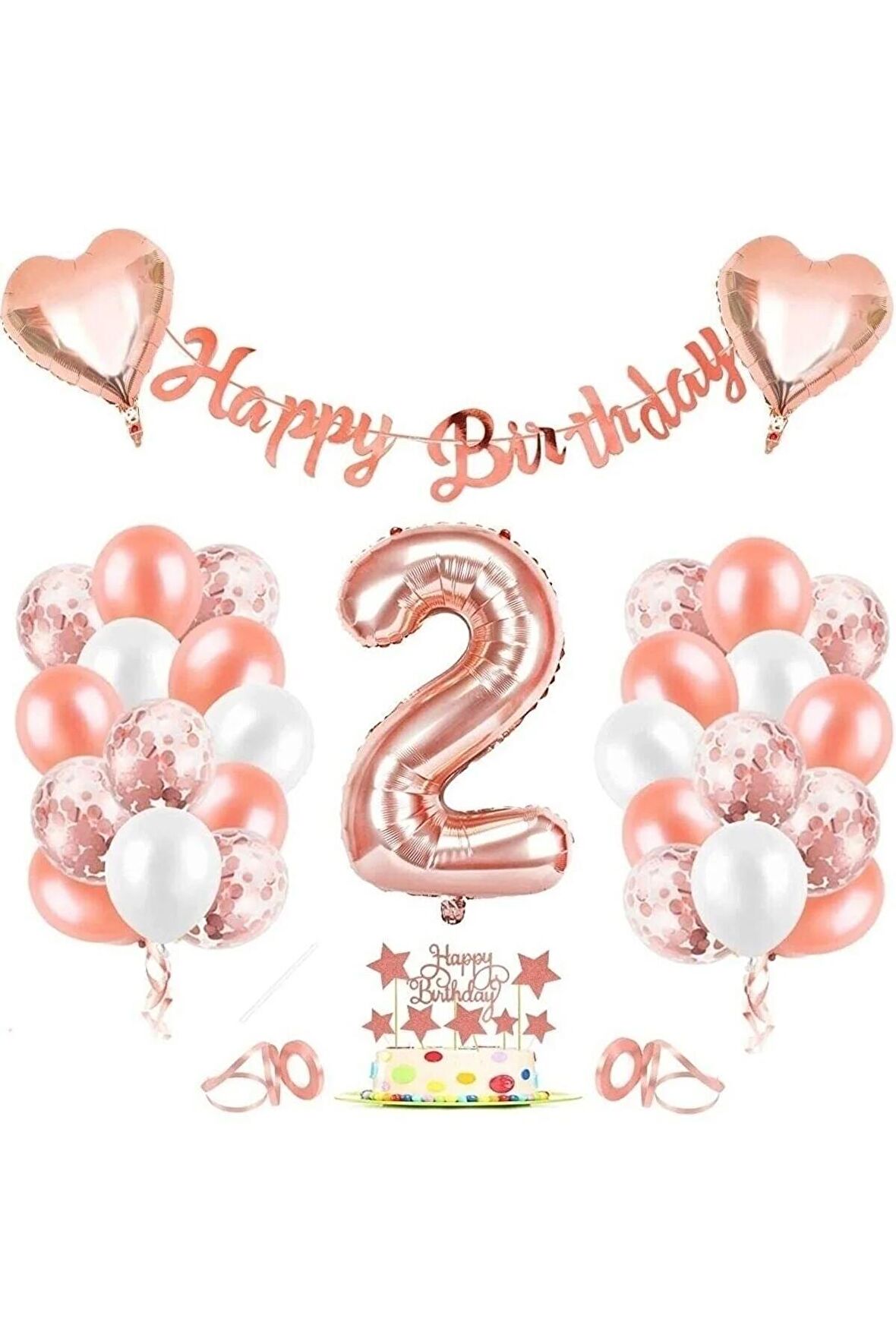 Rose Gold 2 Yaş Folyo Balon Seti Ve Happy Birthday Banner Rose Gold Doğum Günü Balon Parti Seti