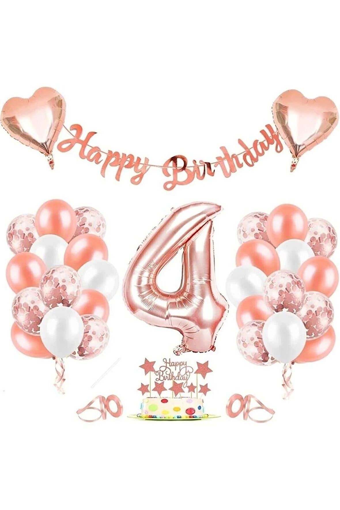 Rose Gold 4 Yaş Folyo Balon Seti Ve Happy Birthday Banner Rosegold Doğum Günü Parti Seti