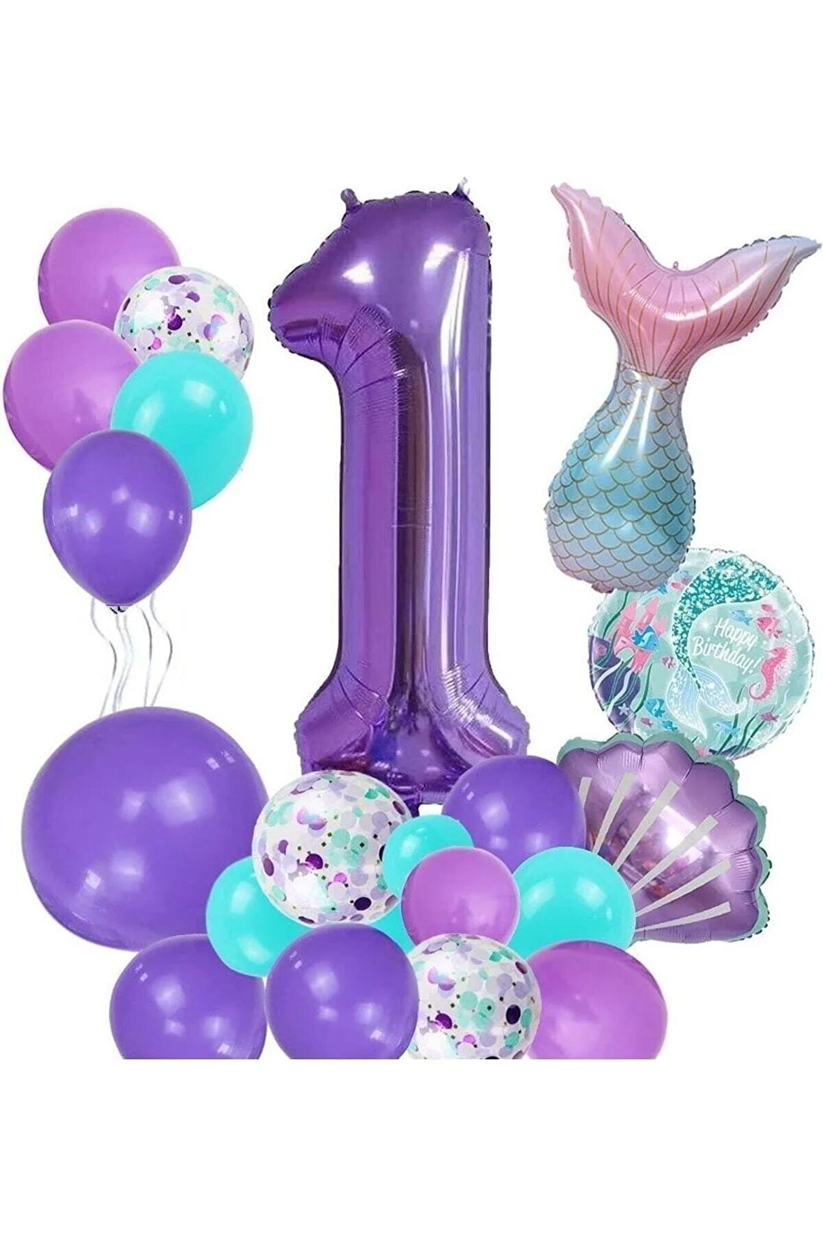 Mor Rakam Balon 1 Yaş Deniz Kızı Temalı Doğum Günü Parti Kutlama Seti Konsept 1