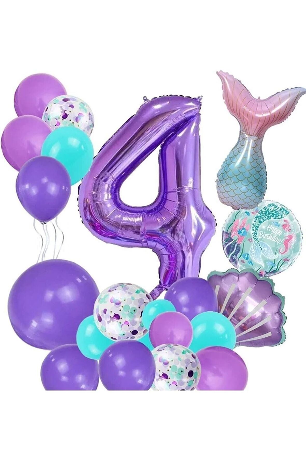 Mor Rakam Balon 4 Yaş Deniz Kızı Temalı Doğum Günü Parti Kutlama Seti Konsept 1