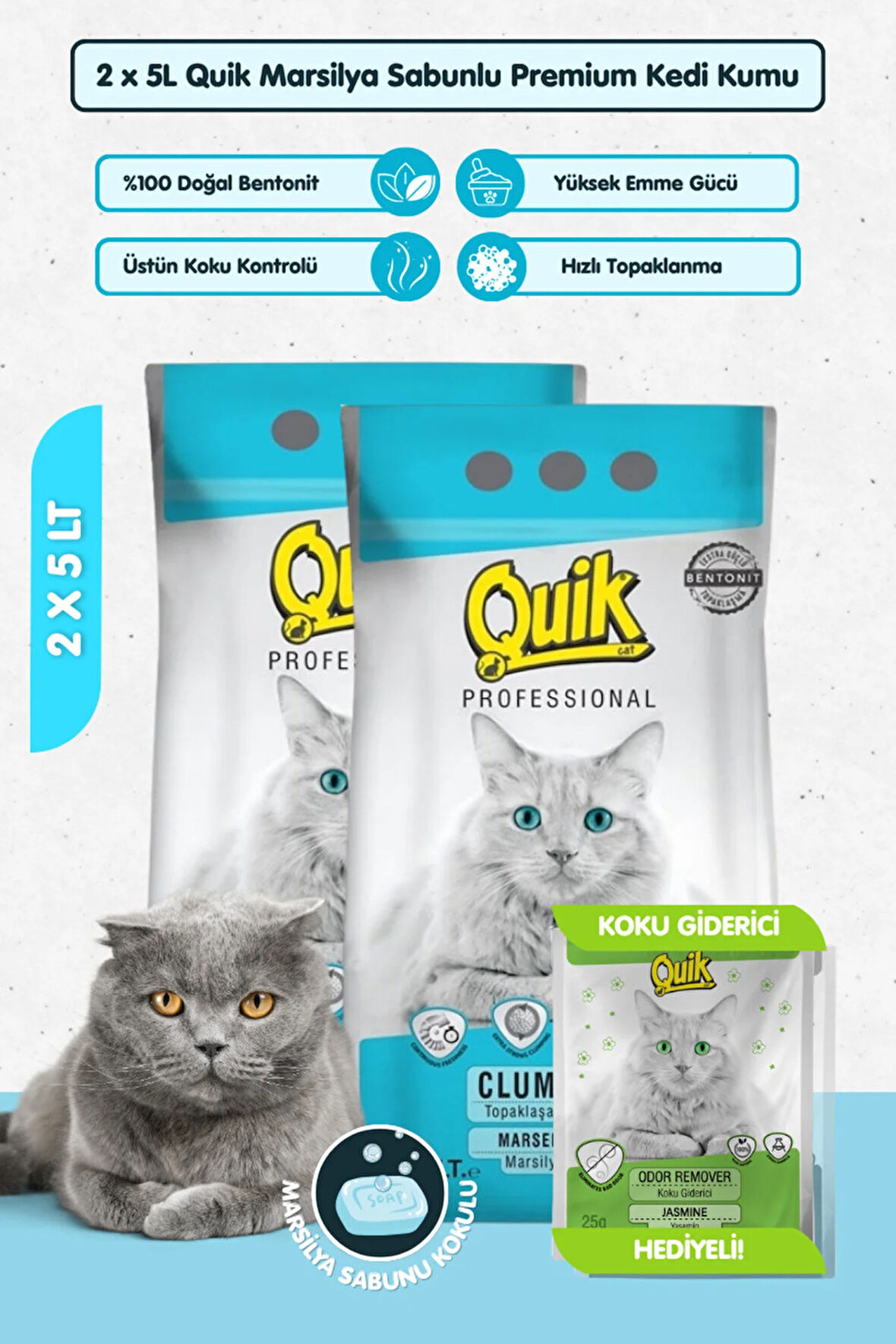 2 Adet 5LT Marsilya Sabunlu Bentonit Topaklaşan Kokusuz Kedi Kumu 5LT x 2 Adet