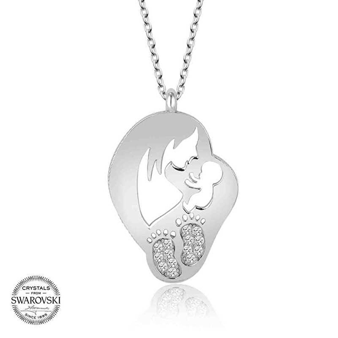 Swarovski Taşlı Gümüş Anne Bebek Kadın Kolye