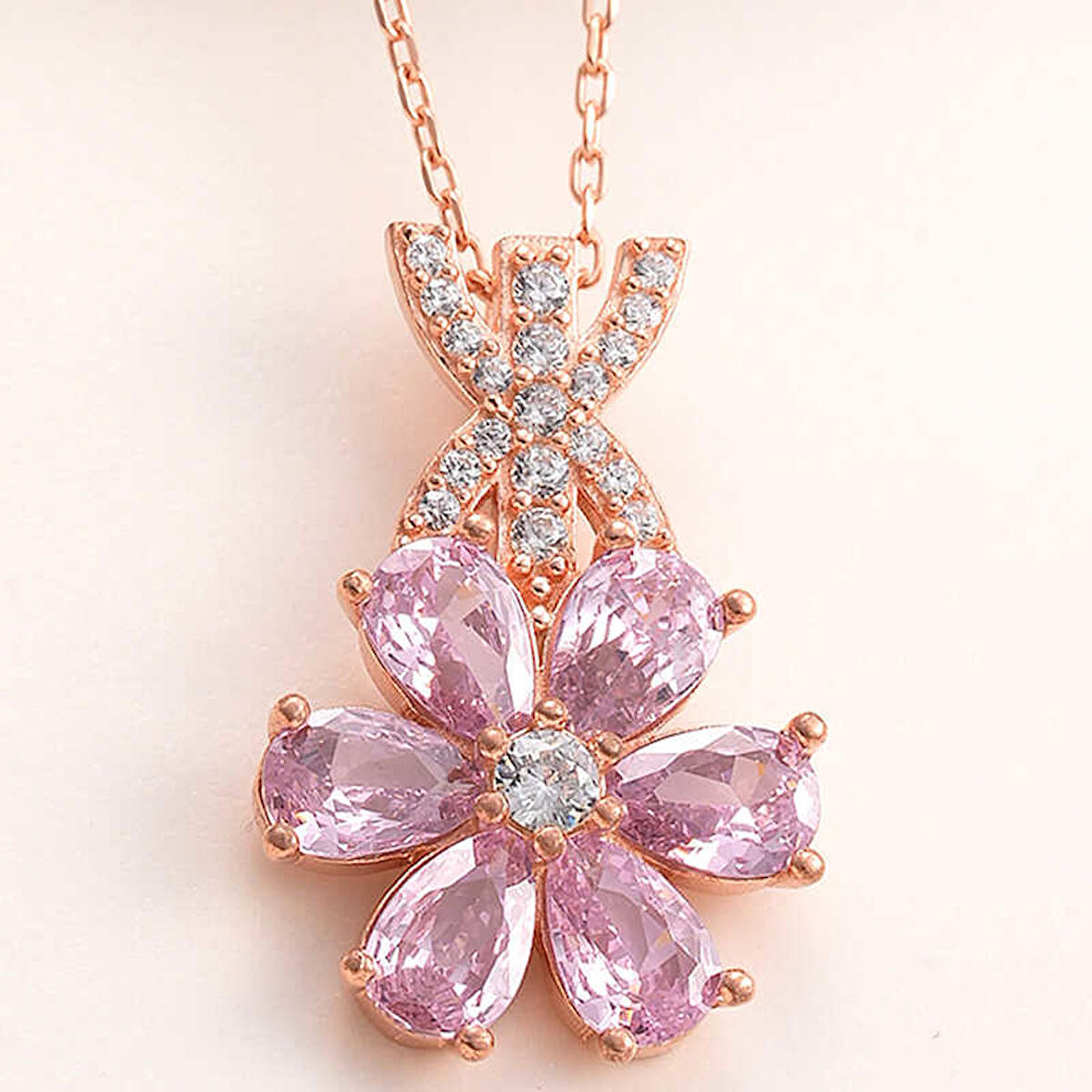 Gümüş Rose Pembe Sevgi Çiçeği Kadın Kolye