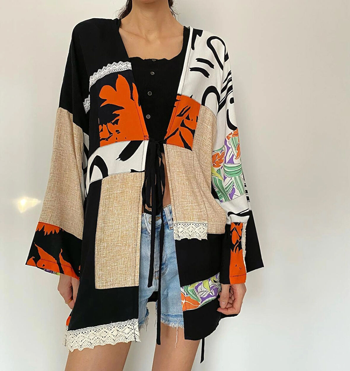 Kadın Oversize Özel Tasarım Patchwork Önden Bağlamalı Kuşaklı Kimono