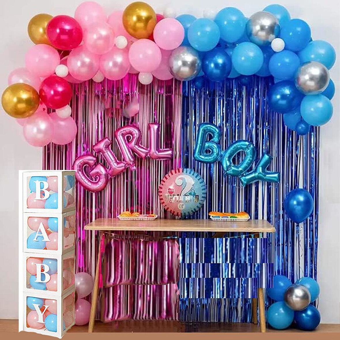 Cinsiyet Belirleme Parti Seti; Baby Kutu,Fon Perde, Folyo Balon Ve Balon Zincir Seti Konsept 2 