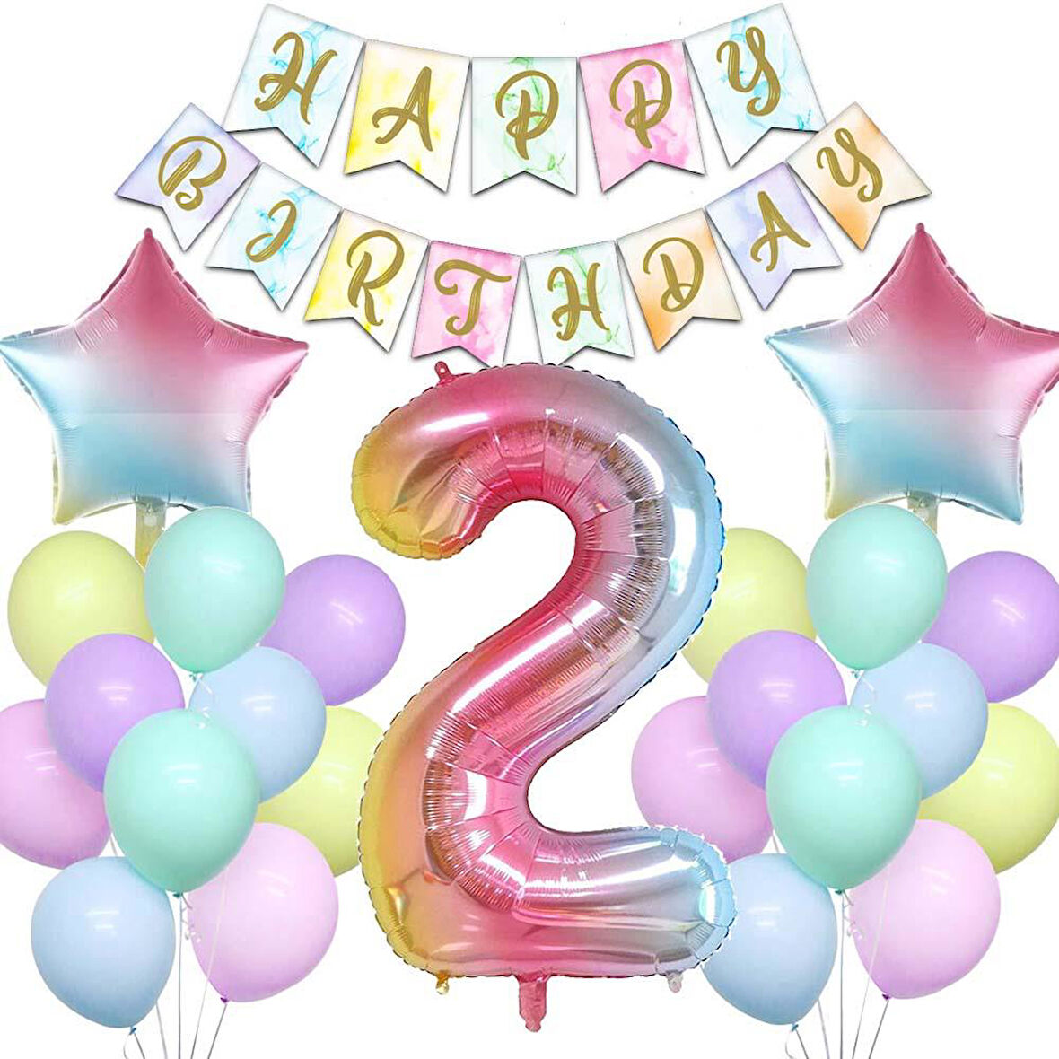 Gökkuşağı Konsepti 2 Yaş Doğum Günü Parti Kutlama Seti; Rakam ve Yıldız Folyo, Banner ve Makaron Balon