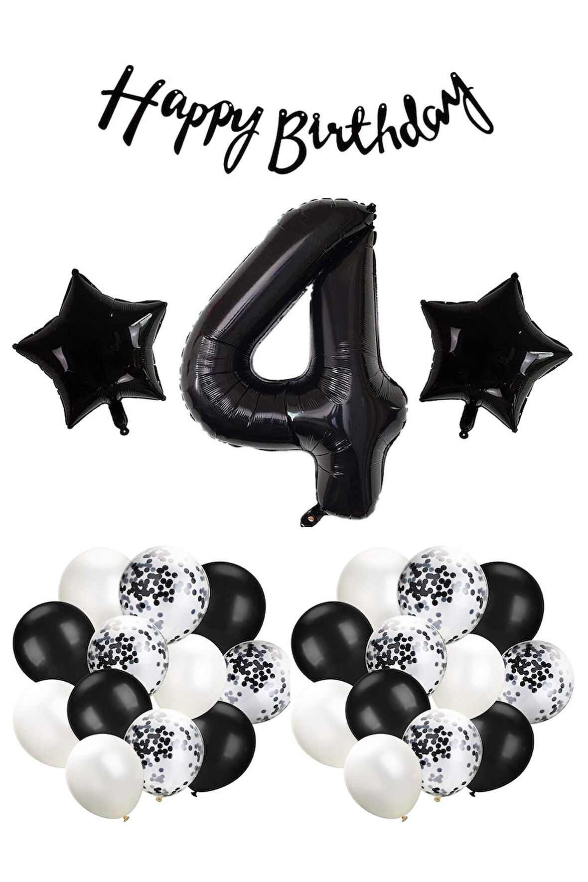 Siyah Konsept 4 Yaş Doğum Günü Kutlama Seti; Beyaz Siyah Konfetili Balon, Rakam Yıldız Folyo ve Banner