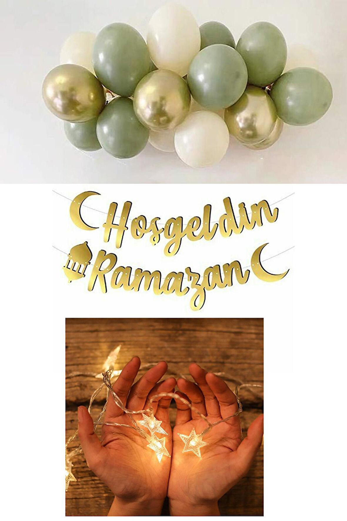 Hoşgeldin Ramazan Gold Yazı- Yıldız Led ve Balon Set, Ramazan Ayı Süsleme Seti