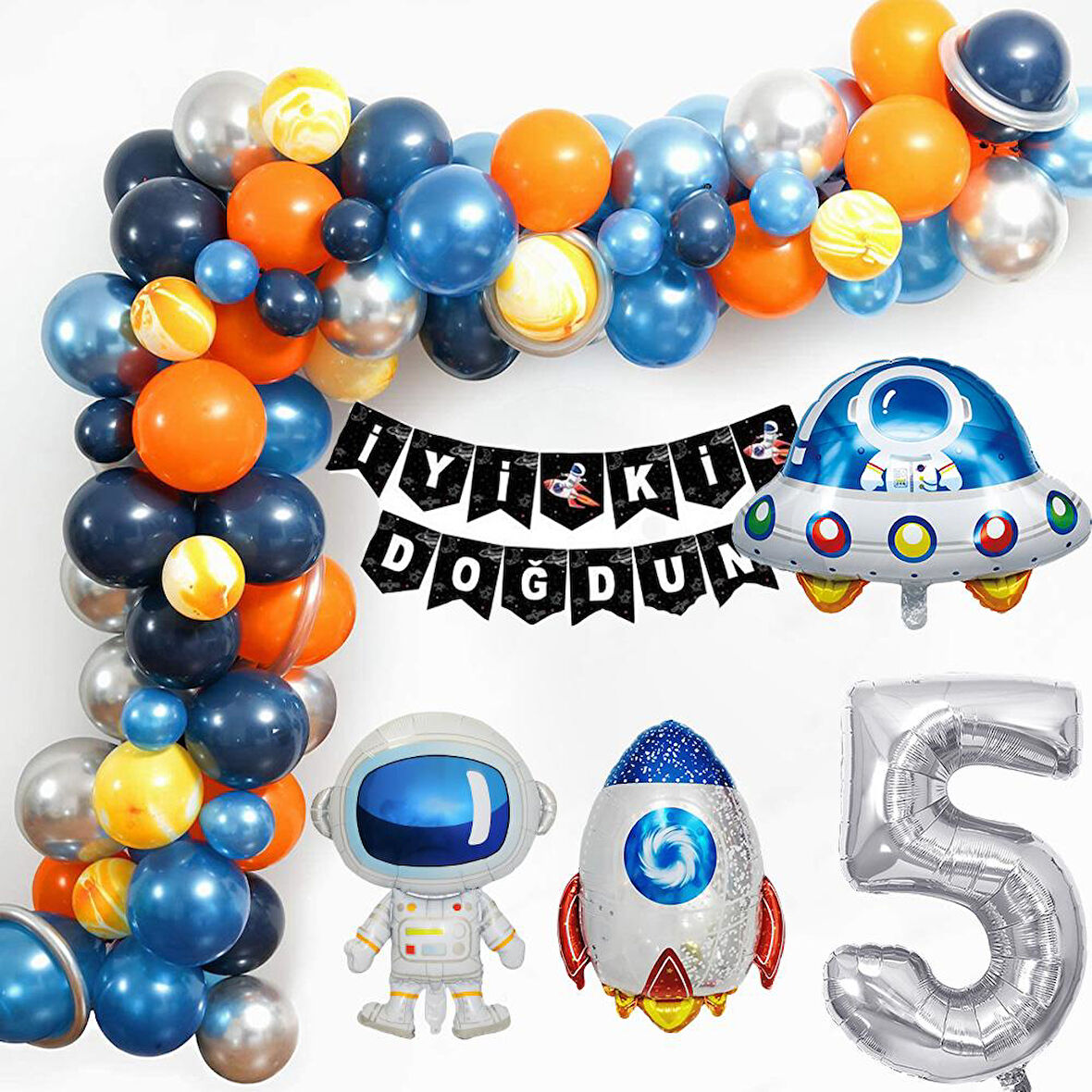 Uzay Temalı Doğum Günü Seti 5 Yaş; 4 Adet Folyo, 60 Lateks Balon, Banner, Balon Zinciri, Balon Bandı