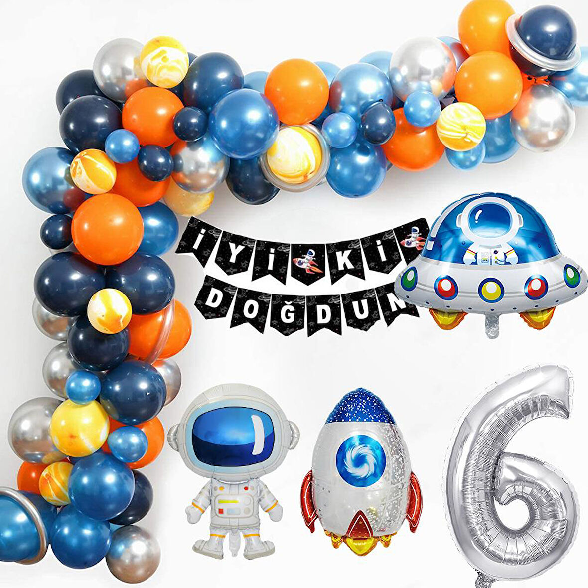 Uzay Temalı Doğum Günü Seti 6 Yaş; 4 Adet Folyo, 60 Lateks Balon, Banner, Balon Zinciri, Balon Bandı