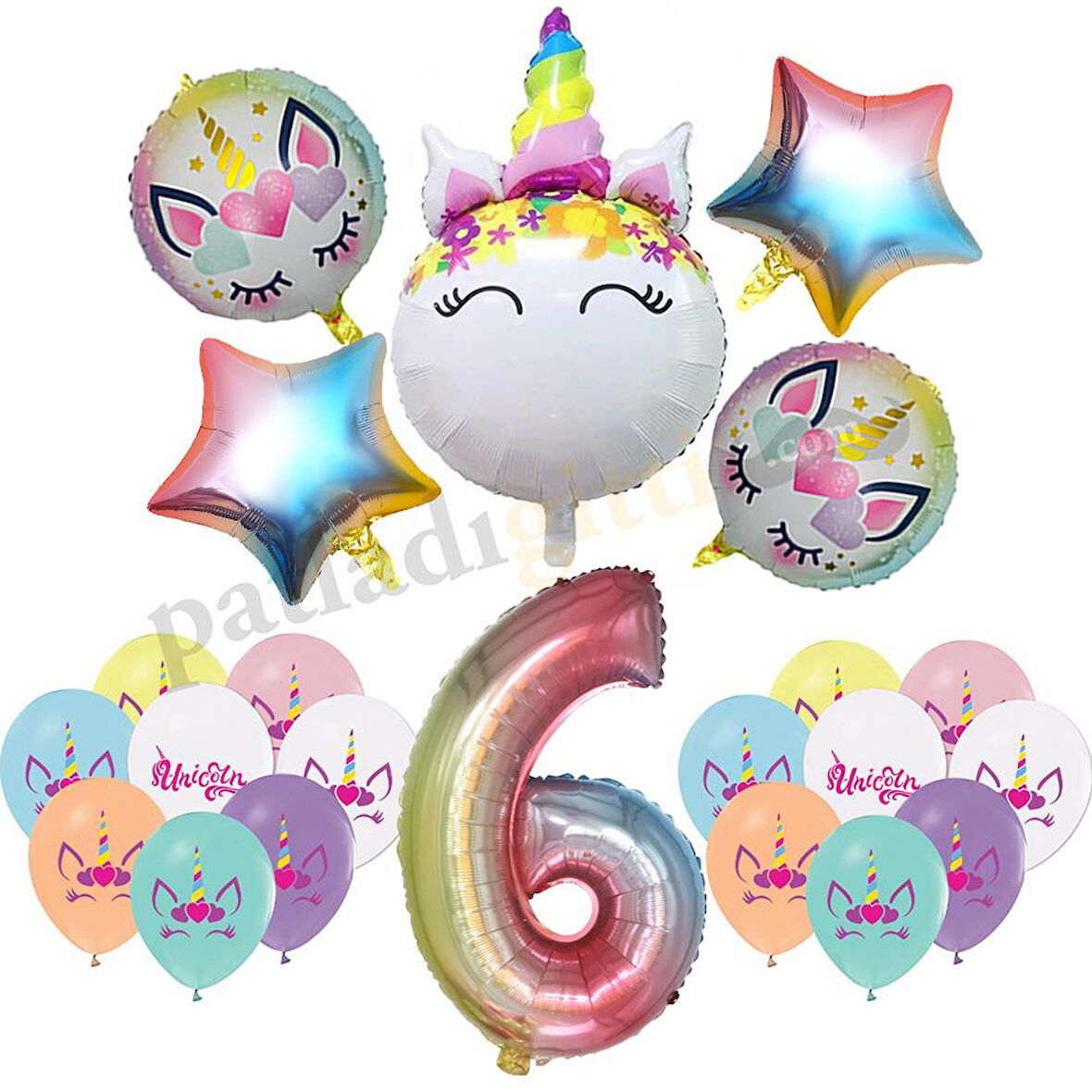 6 Yaş Gökkuşağı Konsepti Unicorn Temalı Doğum Günü Parti Kutlama Seti