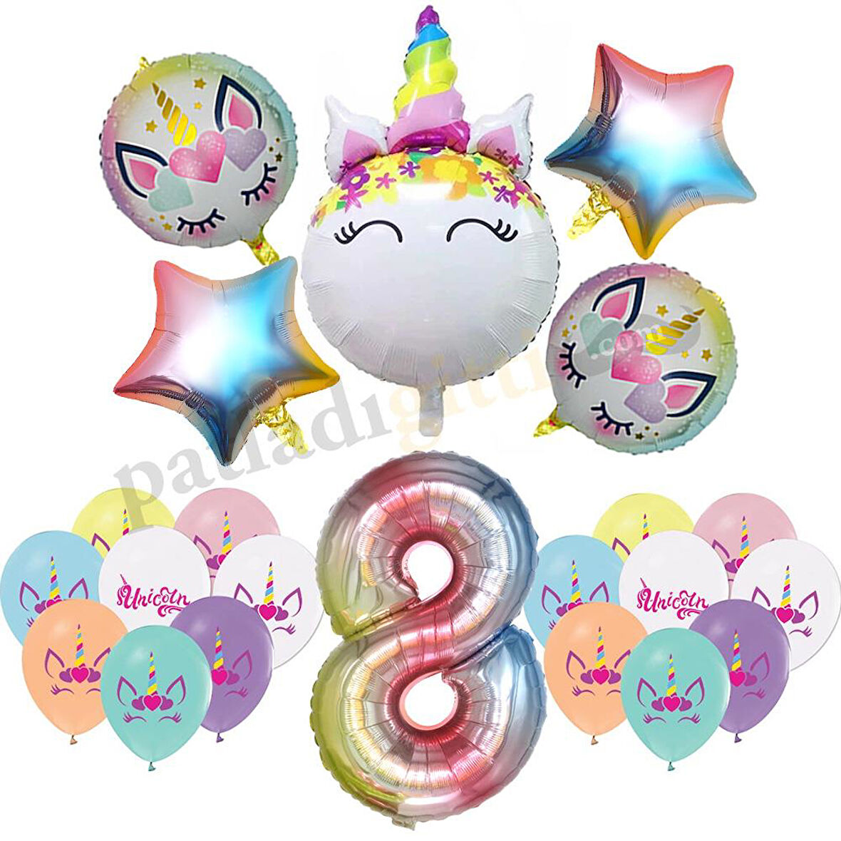 8 Yaş Gökkuşağı Konsepti Unicorn Temalı Doğum Günü Parti Kutlama Seti