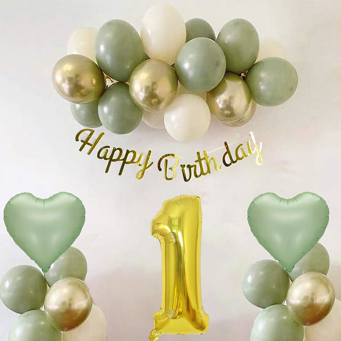 Adaçayı Konsept 1 Yaş Doğum Günü Seti ; Küf Yeşili-Krom Gold- Deniz Kumu ve Adaçayı Kalp Folyo Balon