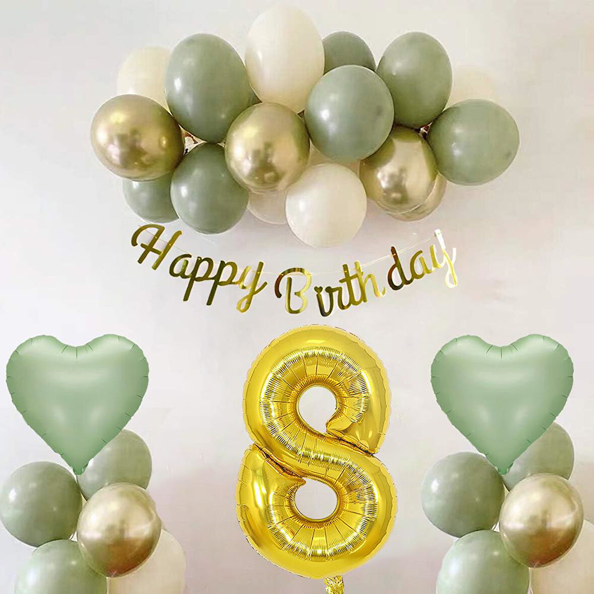 Adaçayı Konsept 8 Yaş Doğum Günü Seti ; Küf Yeşili-Krom Gold- Deniz Kumu ve Adaçayı Kalp Folyo Balon