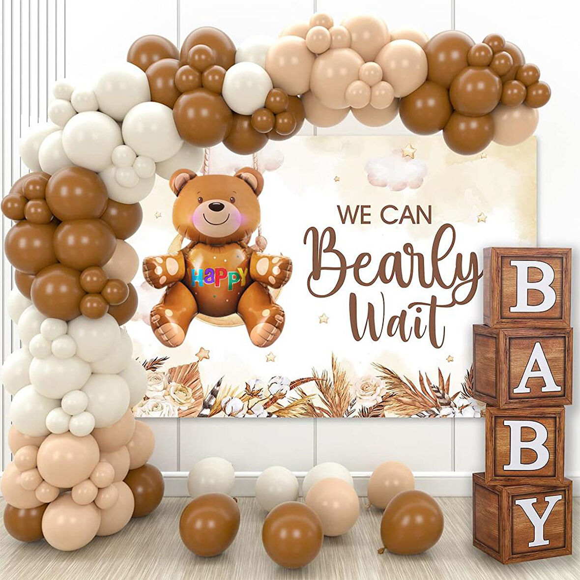 Oyuncak Ayı Temalı Baby Shower Set; Ahşap Görünümlü Baby Kutu, Ayıcık Folyo Ve Retro Balon Zincir Set