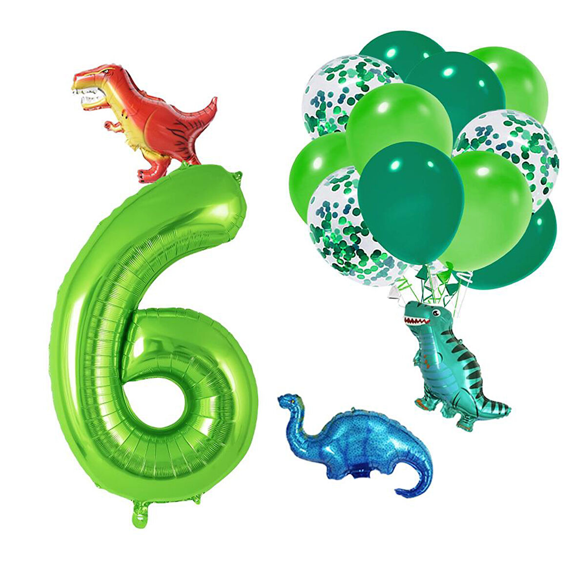 6 Yaş Dinazor Set; Rakam Folyo, 3 Adet Mini Dinazor ve 10 lu Balon