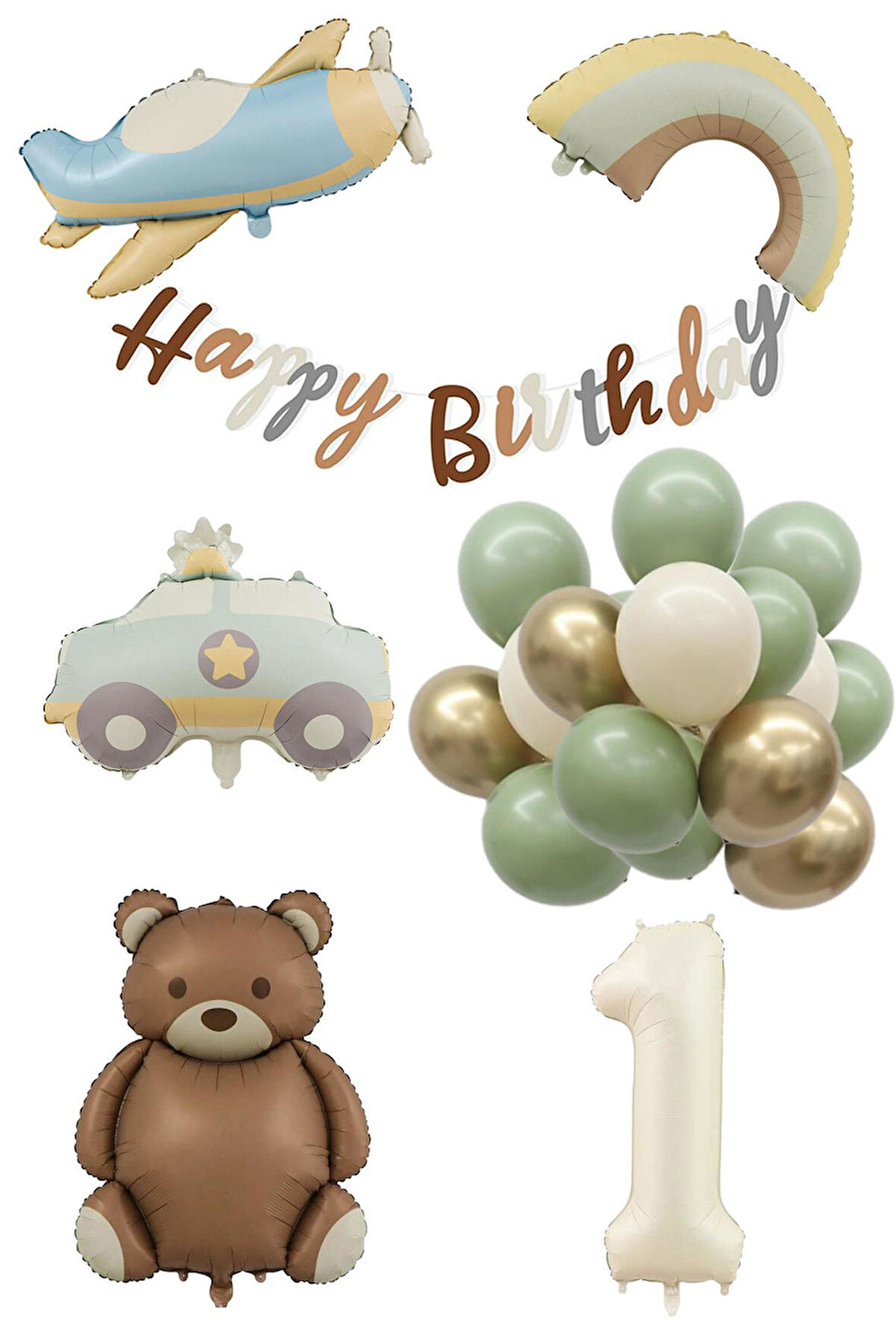 Retro 1 Yaş Doğum Günü Seti; Uçak, Araba, Gökkuşağı, Ayıcık ve 20 Adet Lateks Balon Set