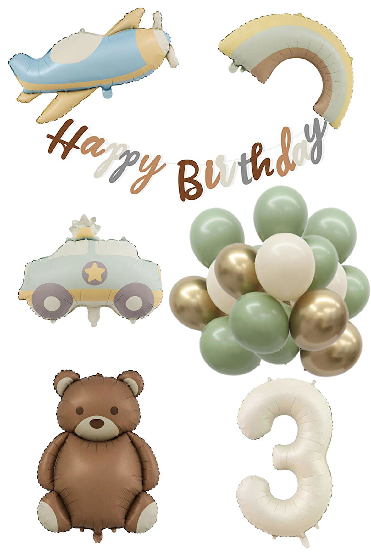 Retro 3 Yaş Doğum Günü Seti; Uçak, Araba, Gökkuşağı, Ayıcık ve 20 Adet Lateks Balon Set