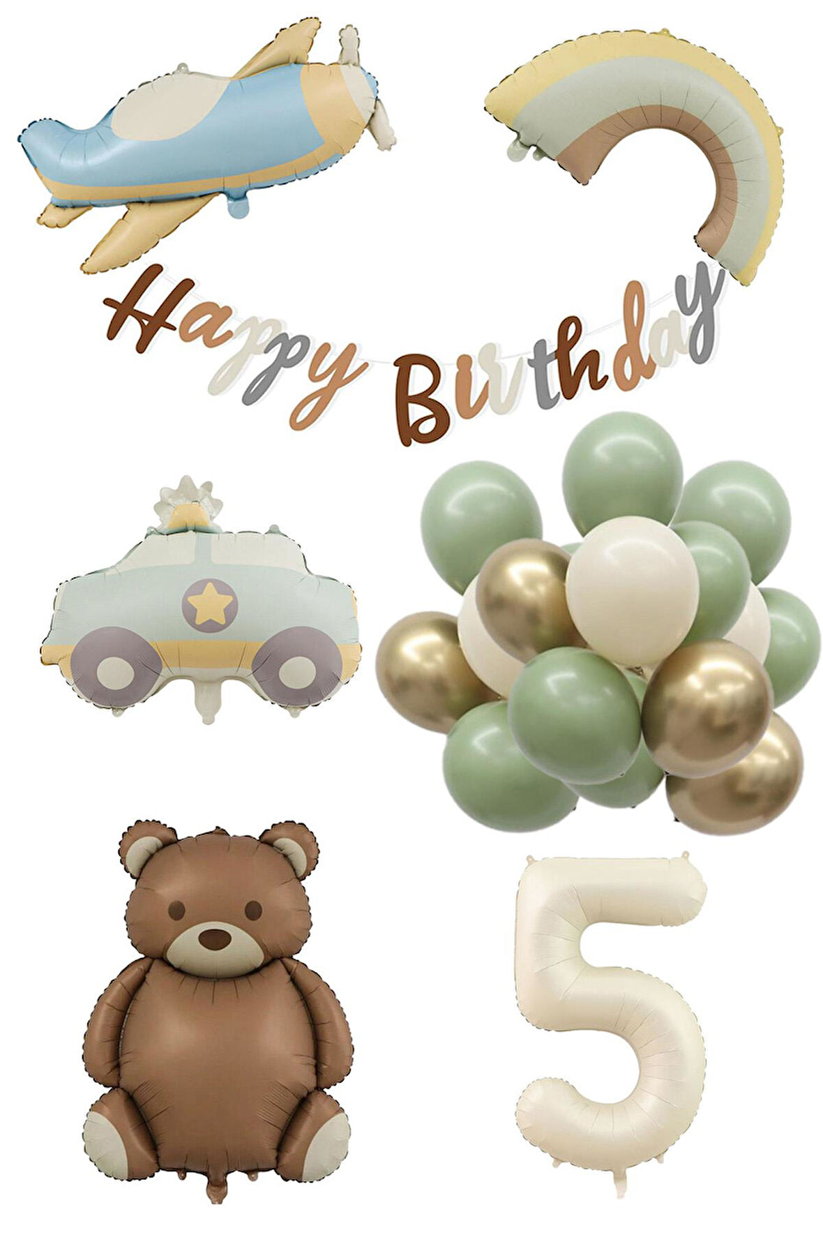 Retro 5 Yaş Doğum Günü Seti; Uçak, Araba, Gökkuşağı, Ayıcık ve 20 Adet Lateks Balon Set