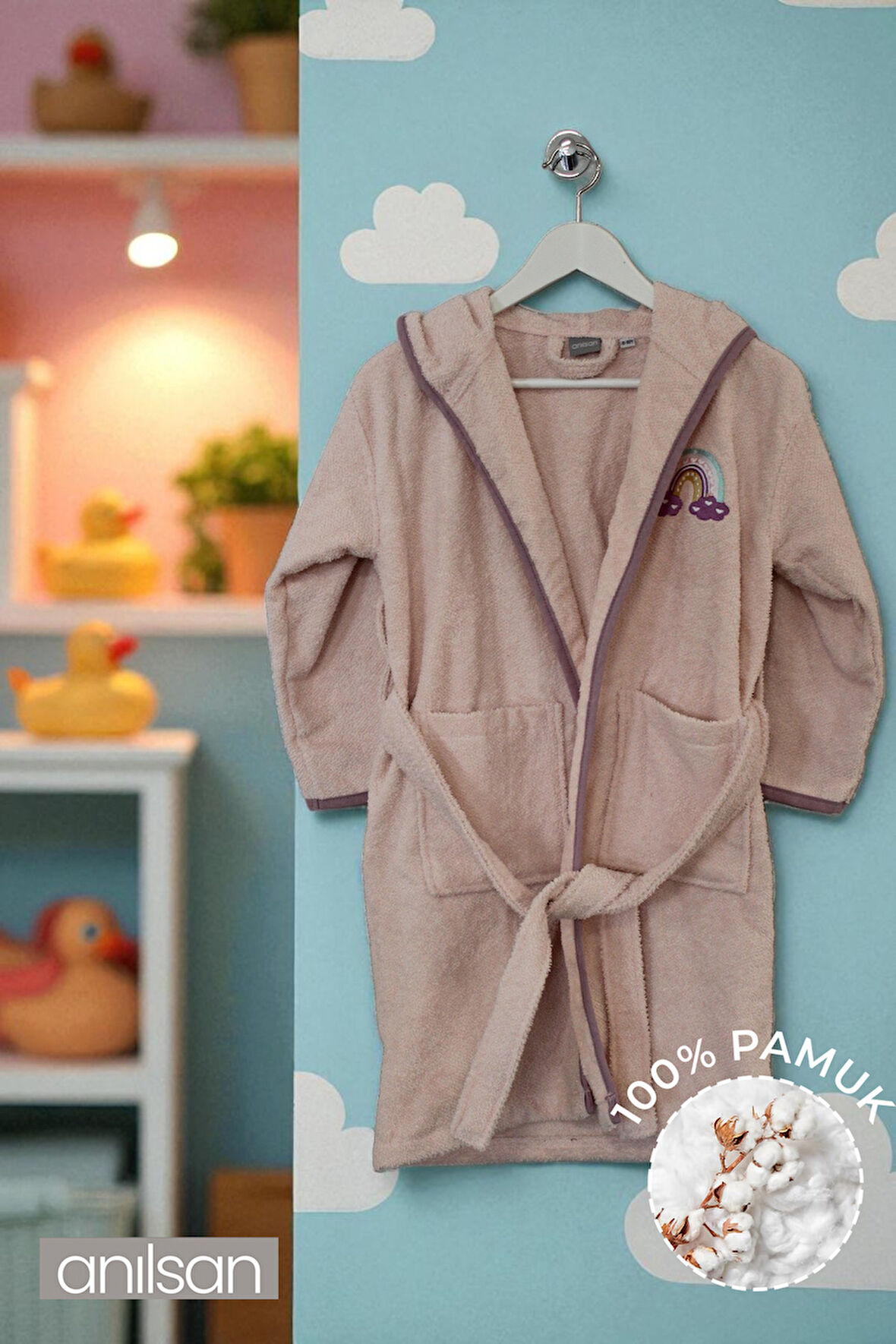 %100 Pamuklu Pudra Çocuk Bornozu - 2-4 Yaş - Yumuşak, Nefes Alabilir