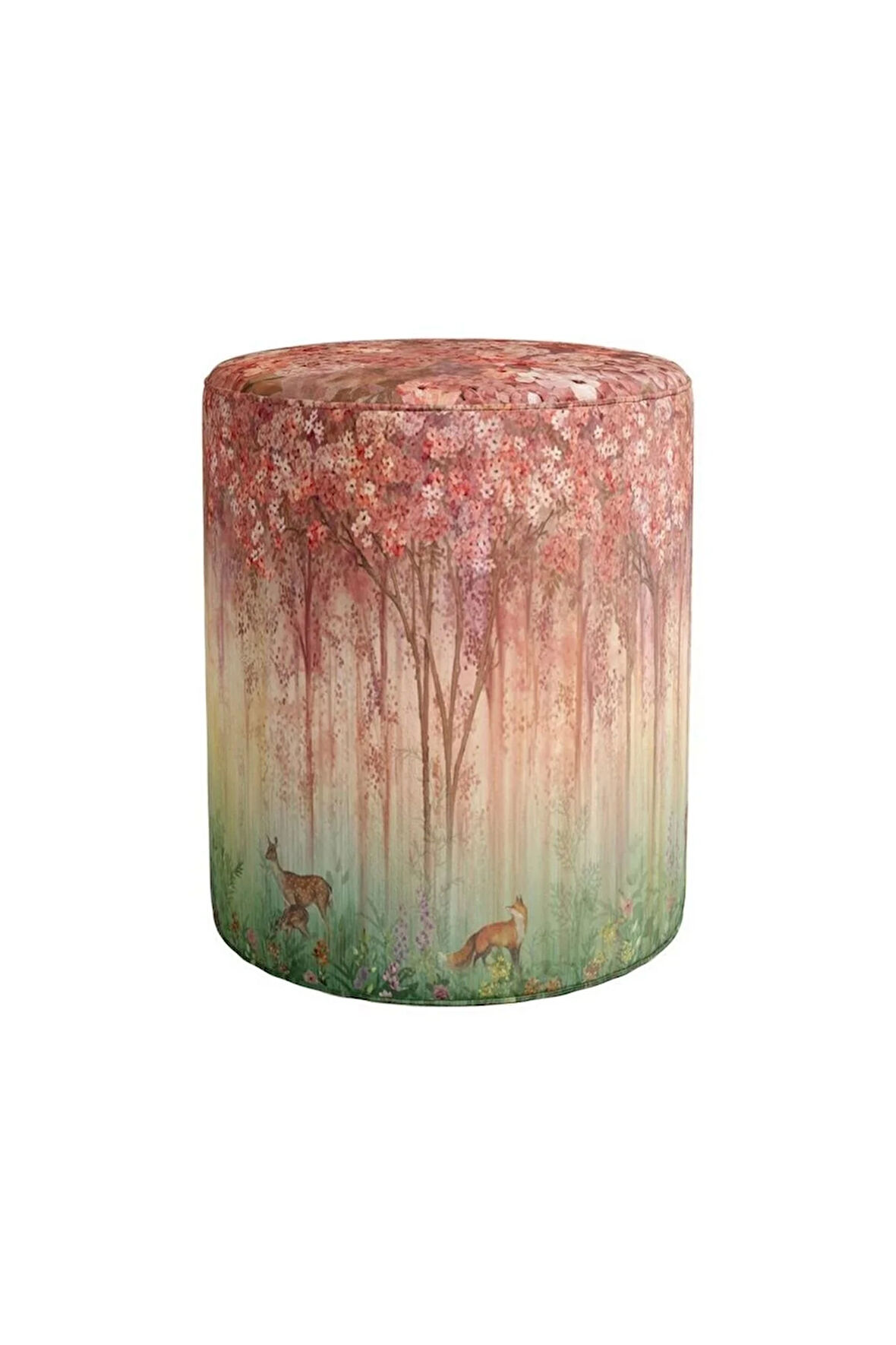 Red Mini Flowers And Gazels Puf (Kumaşı Süettir. Uluslararası Solmama Sertifikasına Sahiptir.)