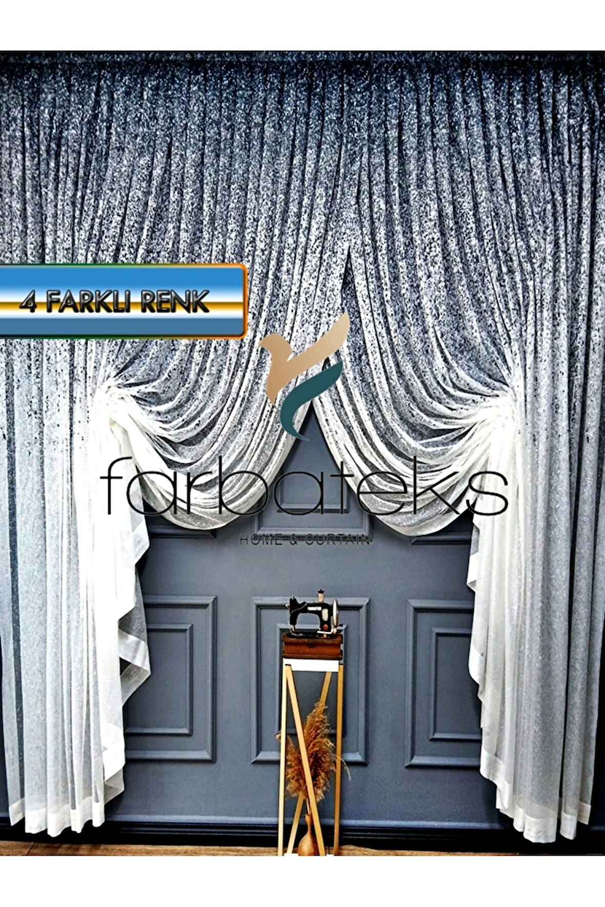 Üst Renkli Lacivert Serpinti Tiyatro Kruvaze Tül Perde