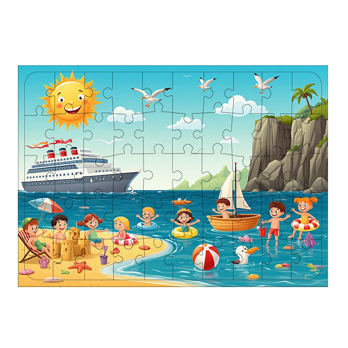 Ahşap Mdf Puzzle Yapboz Plajda Eğlence Ve Oyun 50 Parça 35*50 cm