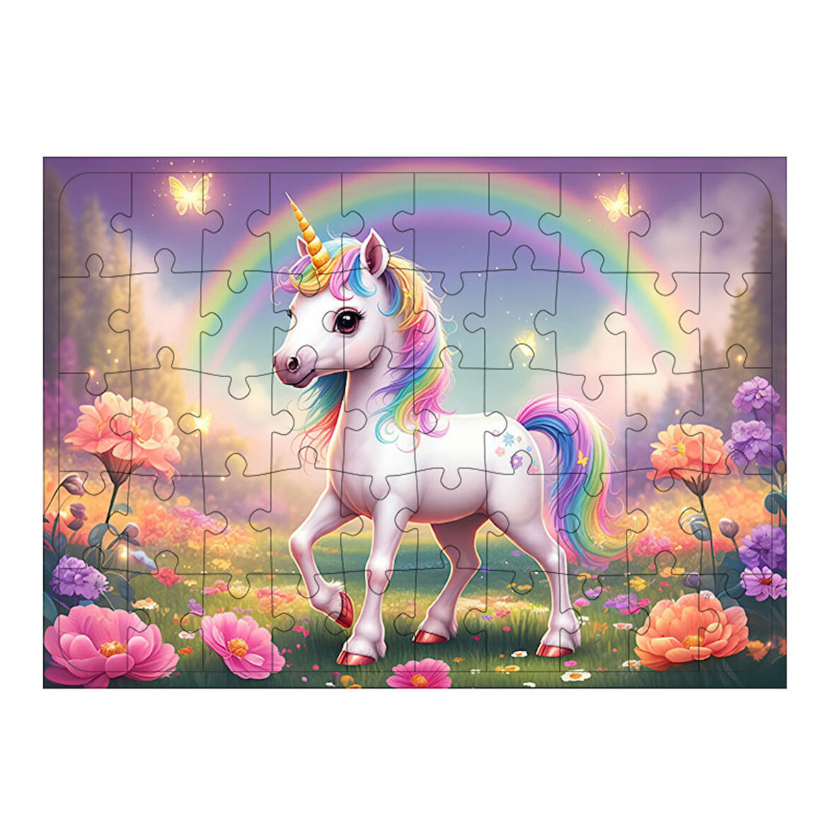 Ahşap Mdf Puzzle Yapboz Gökkuşağı Renkli Unicorn 50 Parça 35*50 cm