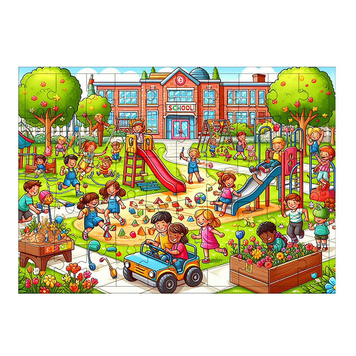 Ahşap Mdf Puzzle Yapboz Eğlenceli Okul Bahçesi 50 Parça 35*50 cm