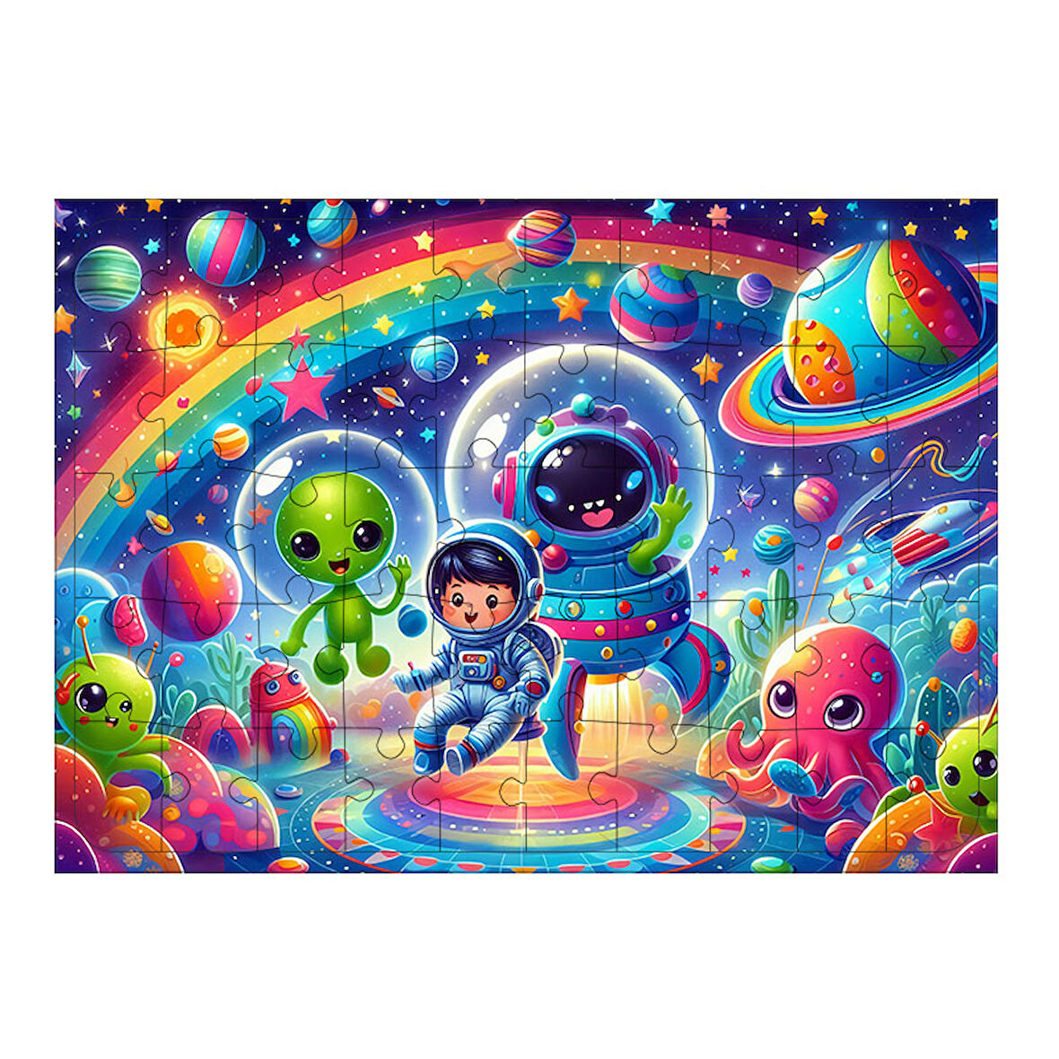Ahşap Mdf Puzzle Yapboz Uzaylıların Eğlenceli Dünyası 50 Parça 35*50 cm