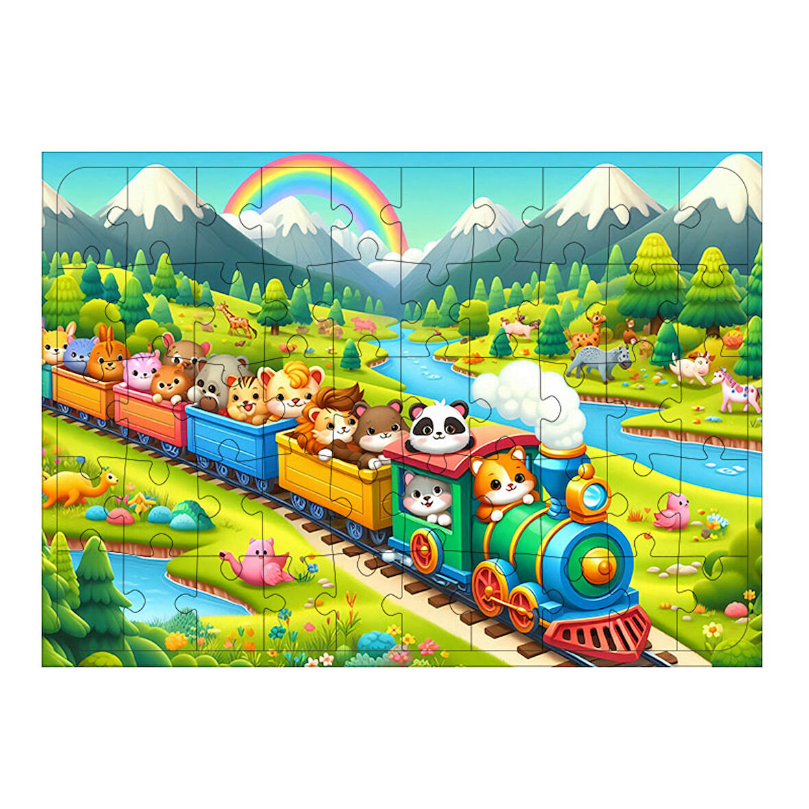 Ahşap Mdf Puzzle Yapboz Renkli Tren Yolculuğu 50 Parça 35*50 cm