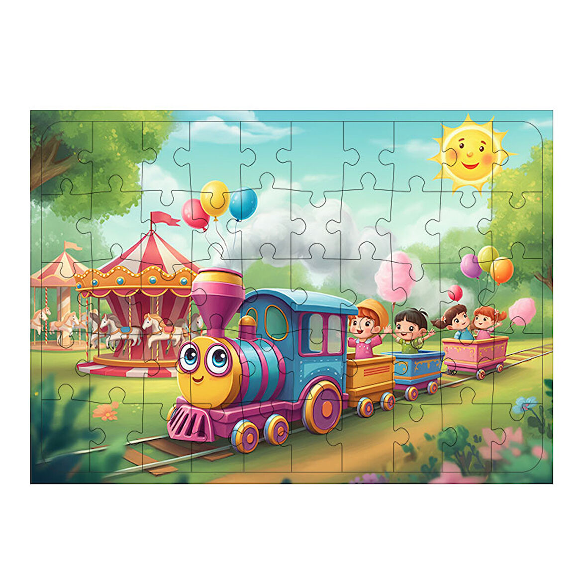 Ahşap Mdf Puzzle Yapboz Renkli Tren Yolculuğu 50 Parça 35*50 cm