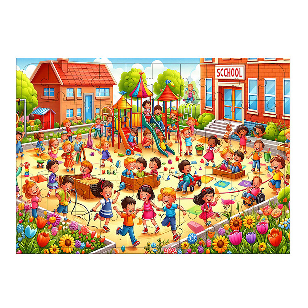 Ahşap Mdf Puzzle Yapboz Okul Bahçesi Oyunları 50 Parça 35*50 cm