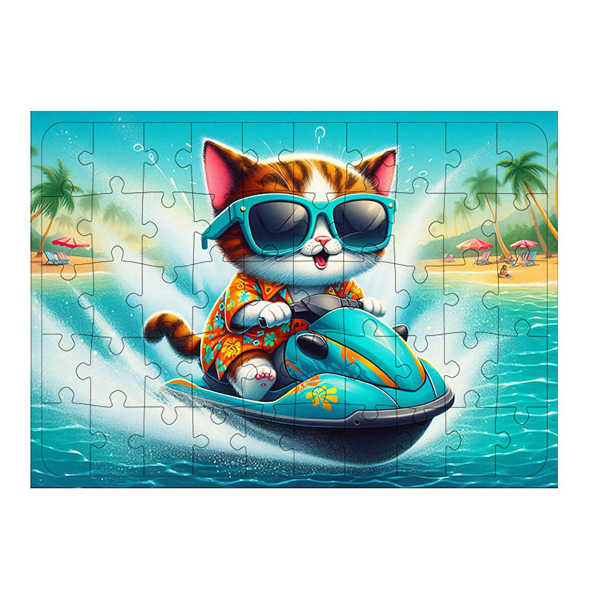 Ahşap Mdf Puzzle Yapboz Kedi Jet Ski Macerası 50 Parça 35*50 cm