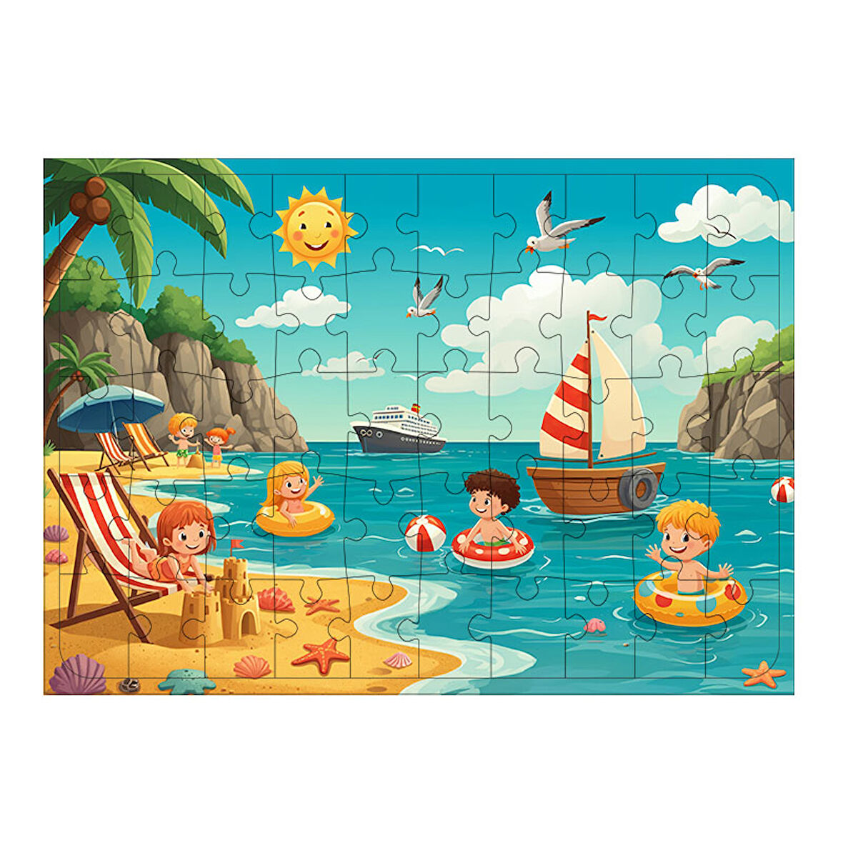 Ahşap Mdf Puzzle Yapboz Plajda Yaz Eğlencesi 50 Parça 35*50 cm