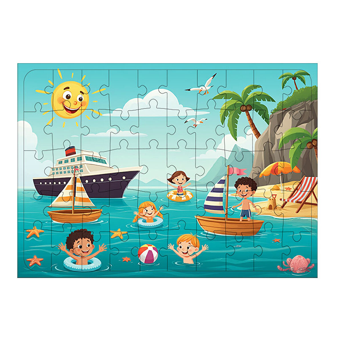 Ahşap Mdf Puzzle Yapboz Denizde Eğlence Partisi 50 Parça 35*50 cm