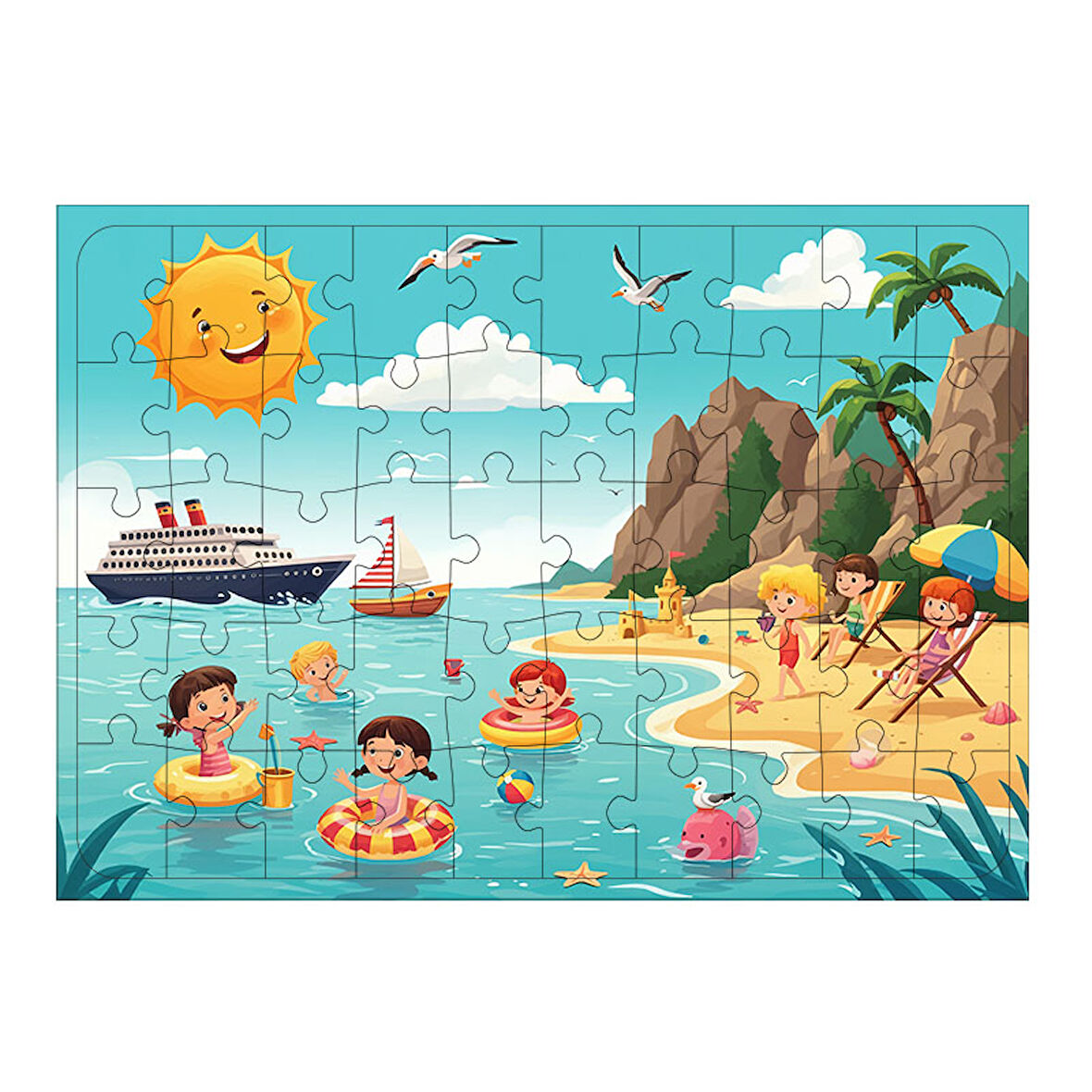 Ahşap Mdf Puzzle Yapboz Deniz Kıyısında Eğlence 50 Parça 35*50 cm