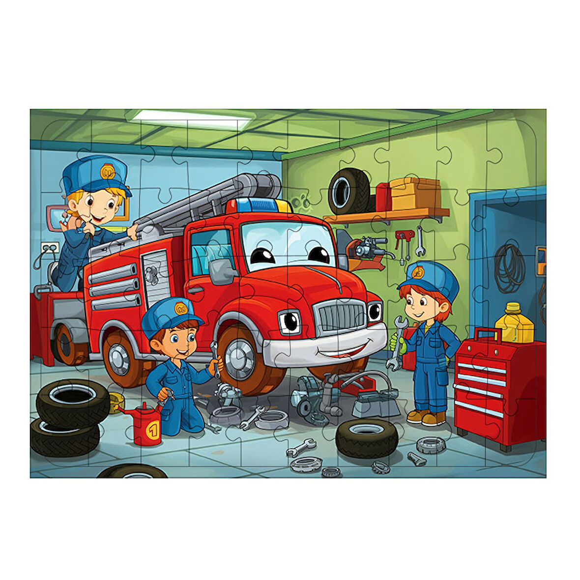 Ahşap Mdf Puzzle Yapboz Araba Tamirhanesi Eğlencesi 50 Parça 35*50 cm