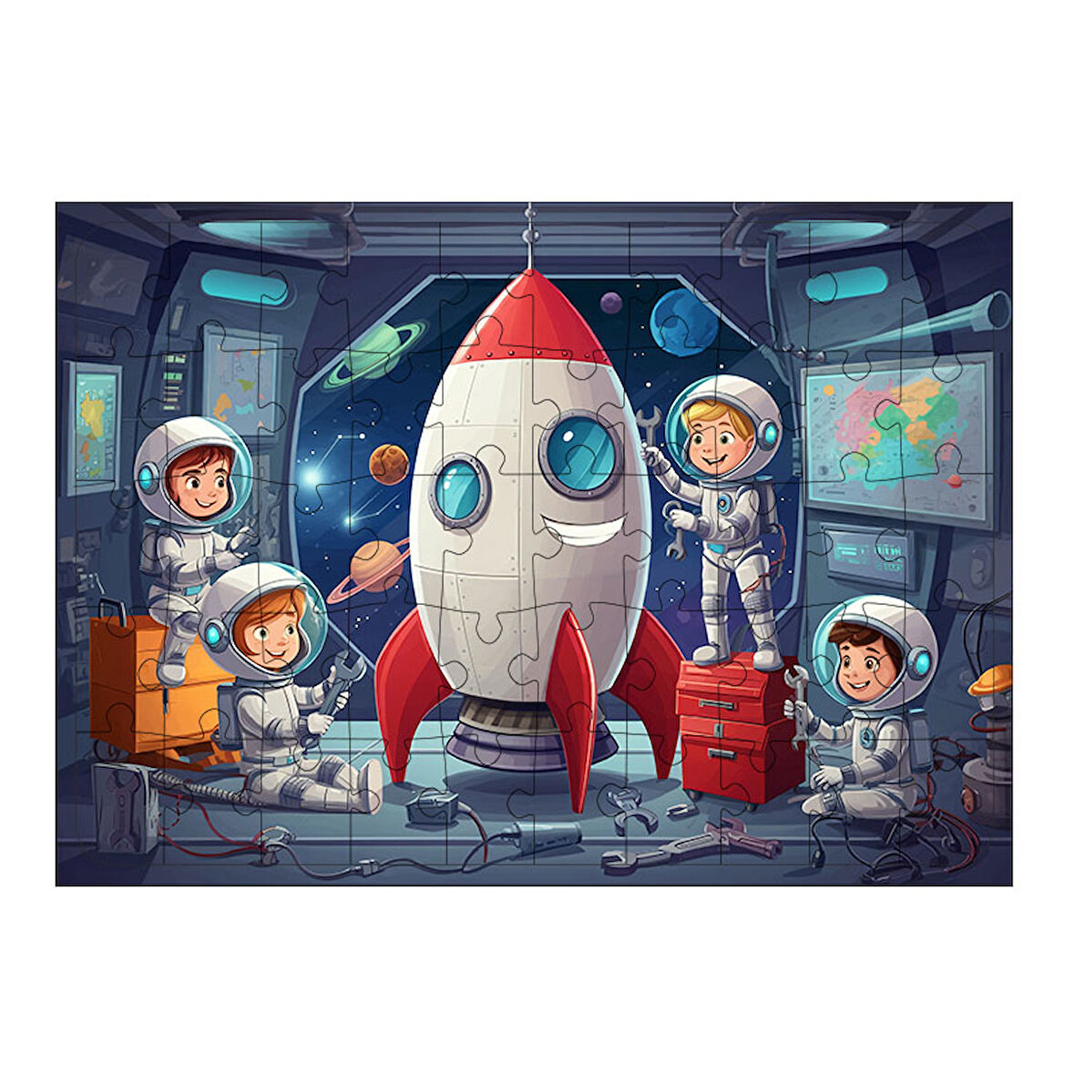 Ahşap Mdf Puzzle Yapboz Uzay Roketi Hazırlığı 50 Parça 35*50 cm
